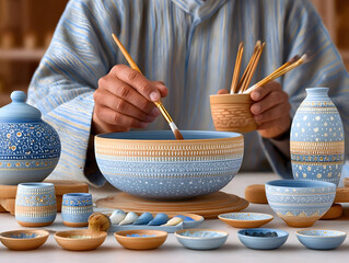 Potter painting carefully handcrafted ornaments on a ceramic bowl, adding traditional details to his unique artwork, surrounded by various pottery pieces