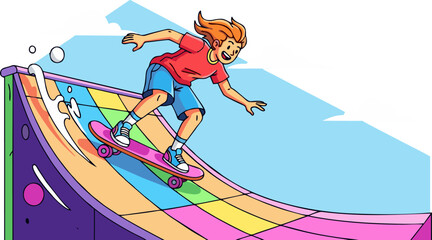 Energetic Skateboarder Carving Down a Colorful Ramp with Joyful Expression.