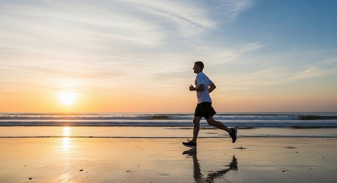 Man jogging on beach at sunset healthy lifestyle fitness ocean summer