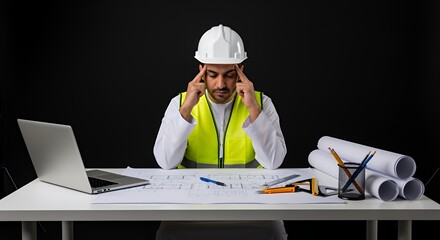 Stressed architect reviewing blueprints at his desk, overwhelmed by project demands, wearing a hard hat and safety vest.