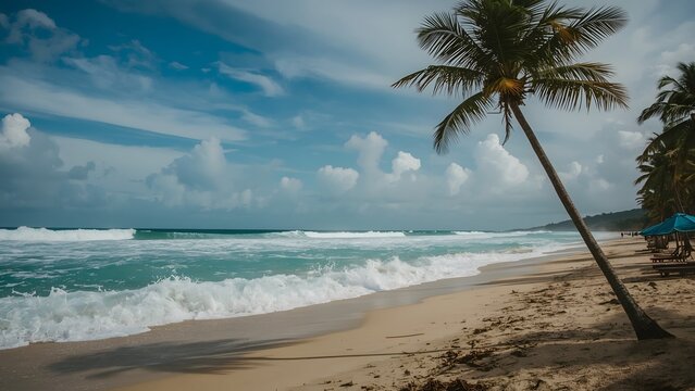 Tropical beach with coconut palm tree and sun lounger