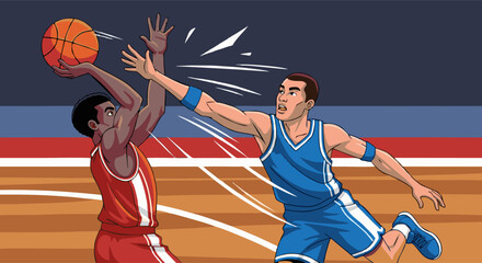 Fototapeta premium Intense Basketball Match: Player Blocking Shot with Dynamic Action Lines