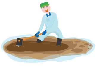 高齢者の農夫が水田を耕しているイラスト。