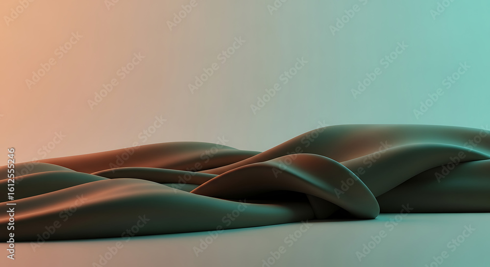 Poster abstract wavy surface with peach and teal gradient background in a studio setting for presentation