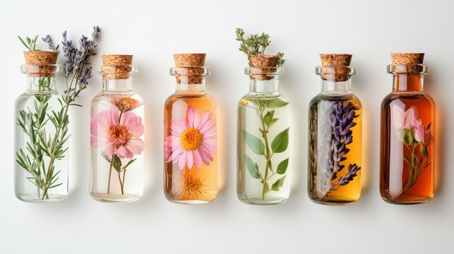 Botanical Essence: An Array of Floral Infusions in Decorative Glass Bottles