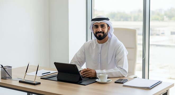 A successful businessman in traditional Middle Eastern attire sits at his desk, smiling confidently while working on a tablet.