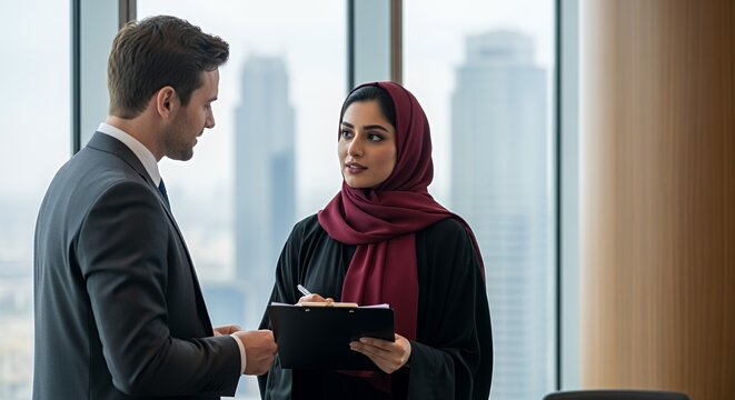 A businessman and a businesswoman in traditional attire discuss documents in a modern setting.