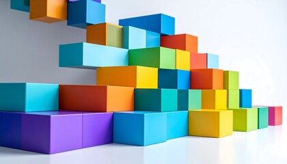 Fototapeta premium Colorful blocks form a cascading, stair-step pattern against a white background