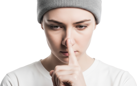 Young Woman Wearing A Gray Beanie With A Finger To Her Lips In A Shushing Gesture On A Transparent Background Isolate