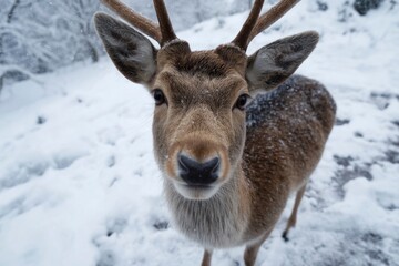 Obraz premium Closeup of a deer in a snowy landscape facing the camera with prominent antlers