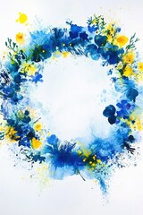 Abstract wildflower wreath in vibrant blue and yellow tones, painted wet-on-wet with splatter effects, featuring delicate floral details and artistic brushstrokes.
