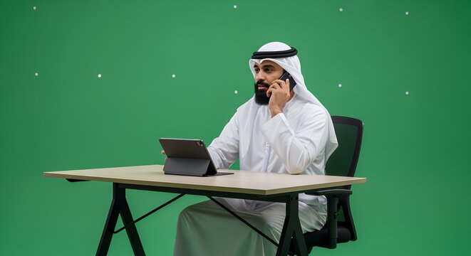 A businessman in traditional Middle Eastern attire conducts business, using a tablet and mobile phone while seated at a desk.