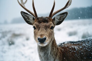 Closeup of a deer in a snowy landscape gazing forward with snow on its fur