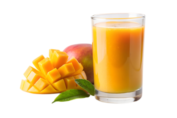 A glass of vibrant mango juice sits next to a whole mango and perfectly cut cubes, isolated on a transparent background