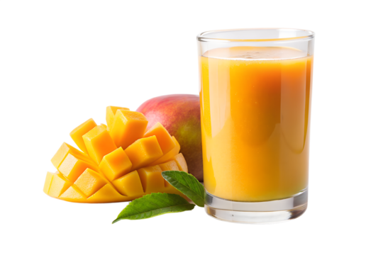 A glass of vibrant mango juice sits next to a whole mango and perfectly cut cubes, isolated on a transparent background
