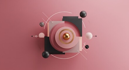 Abstract Geometric Composition on Pink Background with Spheres and Rings