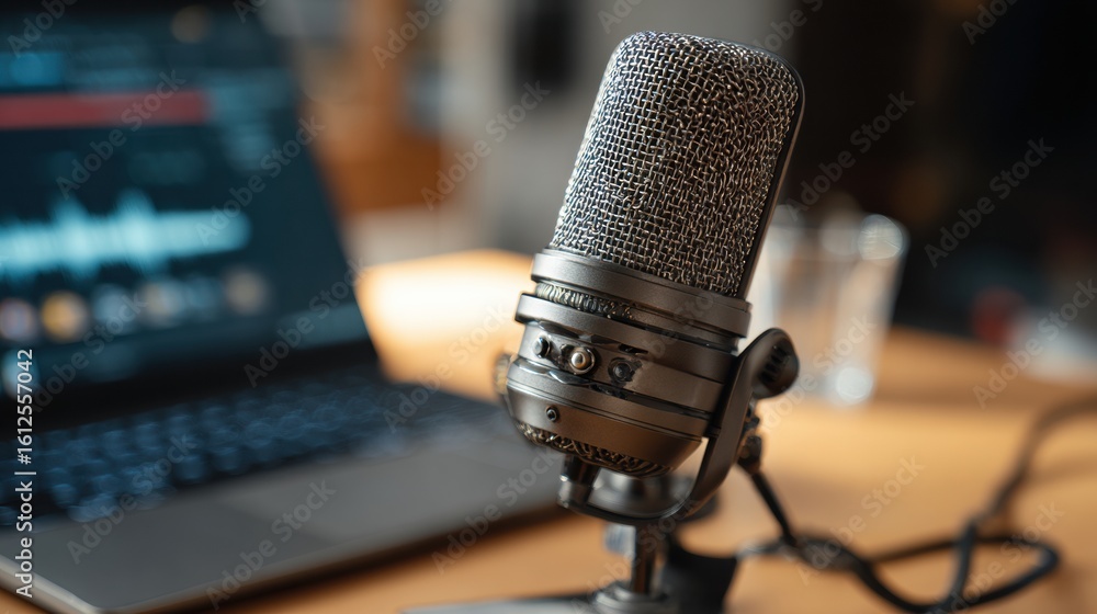 Poster student engages in podcast recording session sharing effective study tips with laptop and microphone