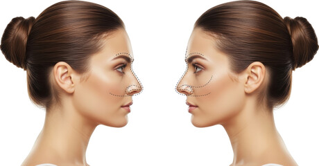 Profile views of two women's faces showing surgical marking lines on noses and cheeks for aesthetic refinement isolate