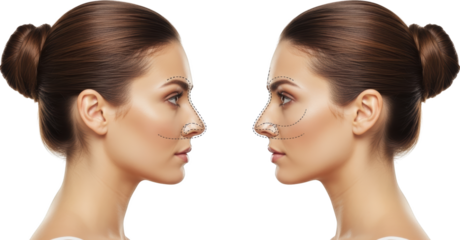 Profile views of two women's faces showing surgical marking lines on noses and cheeks for aesthetic refinement isolate
