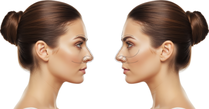 Profile views of two women's faces showing surgical marking lines on noses and cheeks for aesthetic refinement isolate