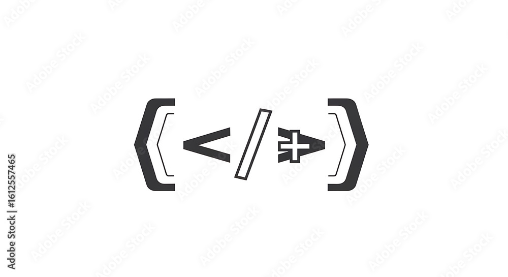 Poster a simple black and white image of code symbols enclosed in bracket like shapes on a white background