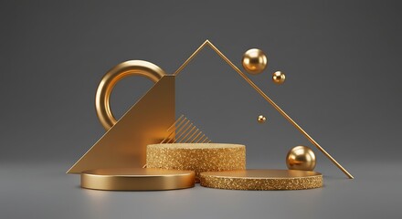Golden Geometric Display with Round Stages and Spheres on Gray Background