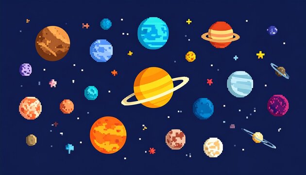 Colorful pixel art planets in space