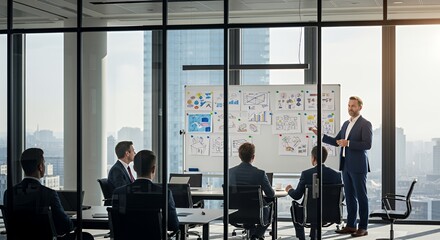 A diverse team of professionals gathers in a modern , attentively listening to a presenter delivering a strategic presentation on a whiteboard.