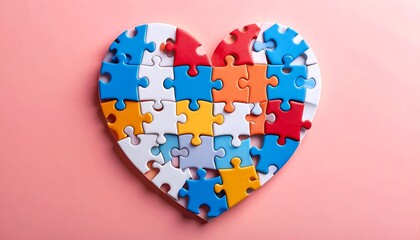 Colorful puzzle heart on pink background