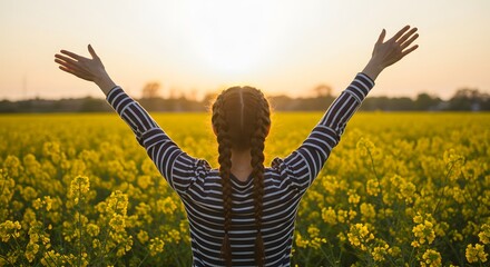 Rear view of a woman with braided hair and arms outstretched, embracing the golden sunset in a field of vibrant yellow flowers.