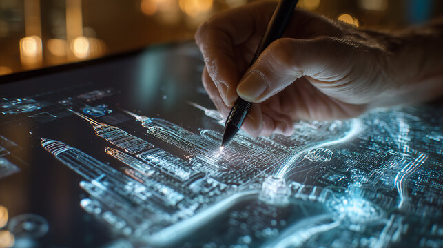 A hand in motion sketching a futuristic city blueprint on a digital tablet. 