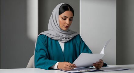 A focused Muslim woman in a teal abaya and grey hijab meticulously reviews important documents at her desk.