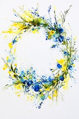 Abstract wildflower wreath in vibrant blue and yellow tones, painted wet-on-wet with splatter effects, featuring delicate floral details and artistic brushstrokes.