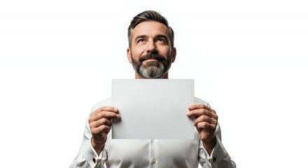 A thoughtful businessman holds a blank white sign, looking upward with a contemplative expression, against a bright white background.