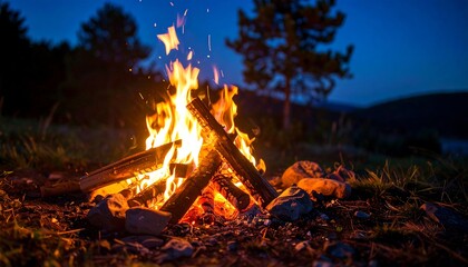 Burning campfire at dusk with flames with logs, and and warm glow in outdoor nature setting.