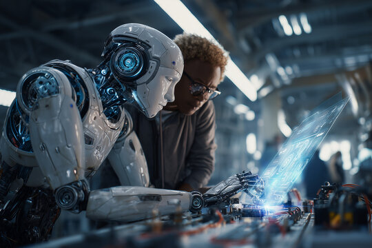 A human engineer and an AI robot working together on a control panel, futuristic factory in the background