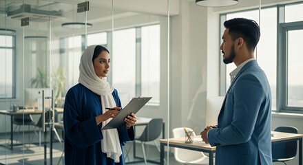 A businesswoman in a hijab and a man in a suit have a professional discussion in a modern setting.