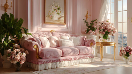 Light pink sofa with ruffled trim in a room with light pink walls.