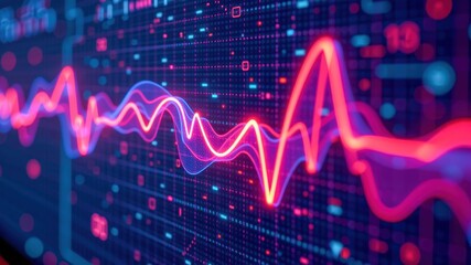 Vibrant digital waveforms illustrate importance of cybersecurity in healthcare and medical devices, showcasing data protection and innovation