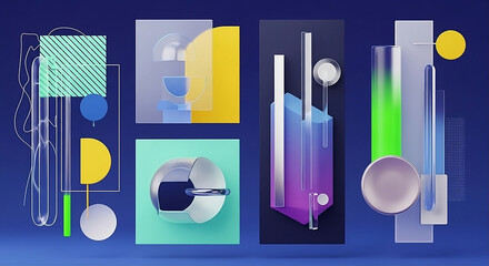 Abstract digital artwork showcasing current design trends with futuristic shapes, bold colors, tech-inspired elements, and materials like glass, chrome, and matte. Minimalist and clean