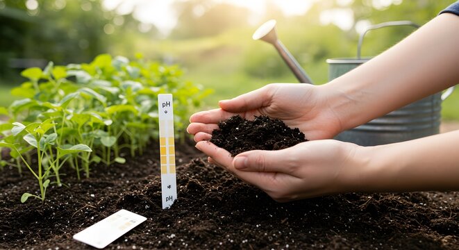 Gardener's hands holding fertile soil for analysis, with a pH test strip measuring acidity next to young seedlings in a sustainable organic garden.