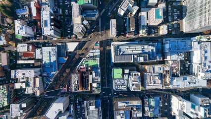 Fototapeta premium Drone directly above aerial view of modern city