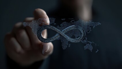 Hand touching infinity symbol over world map