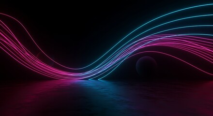 Abstract Neon Light Wave with Glowing Lines on Dark Surface