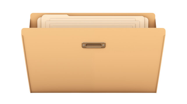 A tan file folder with documents inside open on transparent background
