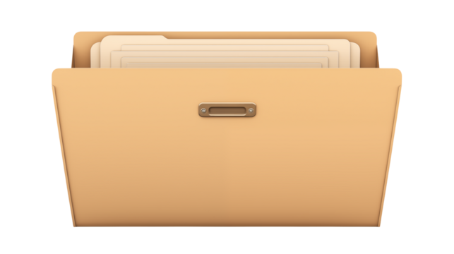 A tan file folder with documents inside open on transparent background