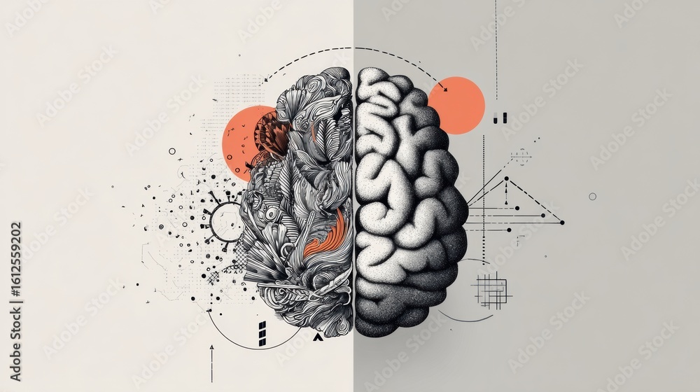 Poster exploration of the creative and logical brain hemispheres showcasing their unique characteristics in
