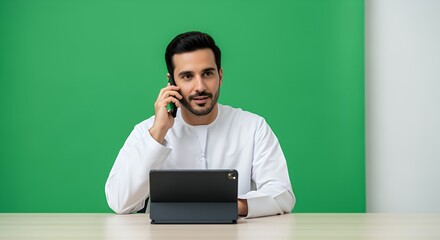 A man in traditional Middle Eastern clothing sits at a table, using a tablet and talking on his mobile phone.