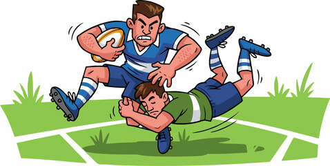 Rugby Players in a Dynamic Tackle on the Green Field