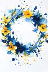Abstract wildflower wreath in vibrant blue and yellow tones, painted wet-on-wet with splatter effects, featuring delicate floral details and artistic brushstrokes.